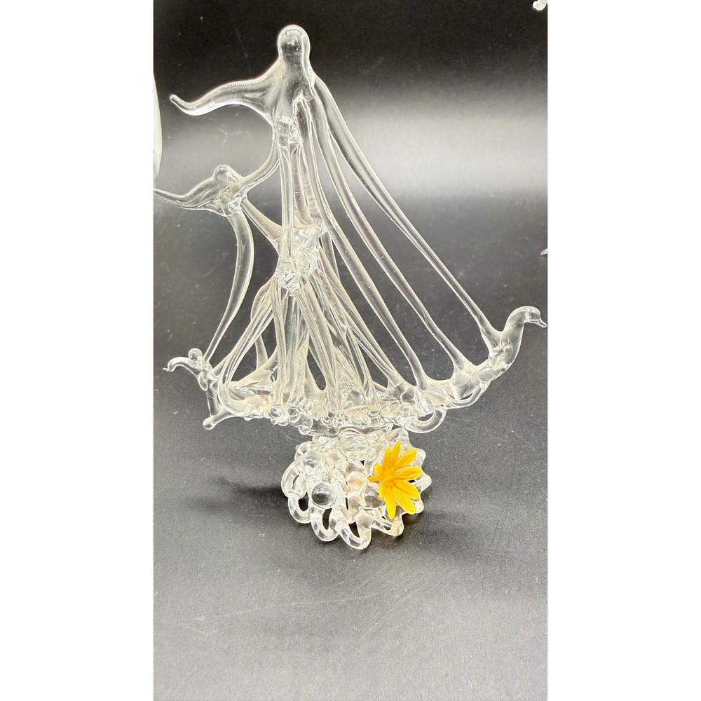 Vintage Hand Blown Spun Clear Art Glass Sculpture Dancing Figures Yellow Flower